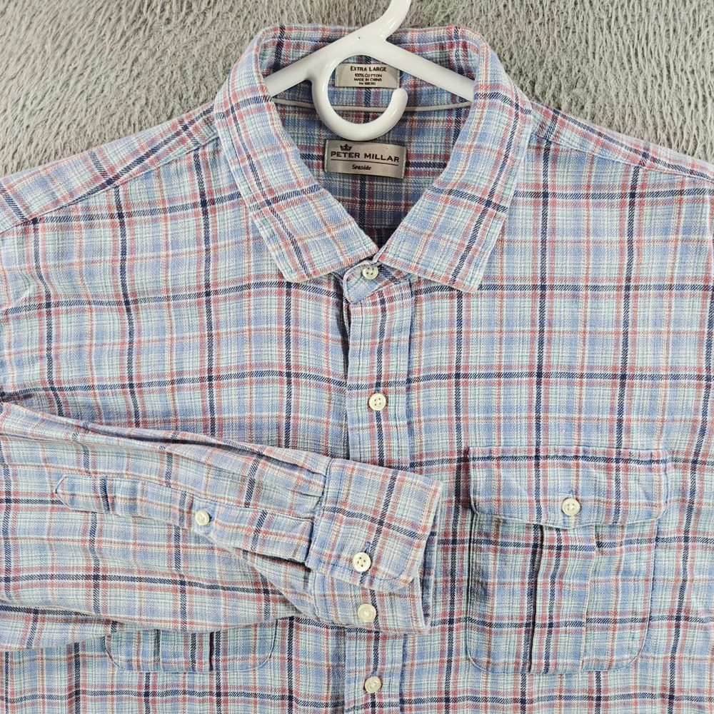 Peter Millar Seaside Men XL Blue Plaid Cotton Roll Tab Button Down Shirt Pockets